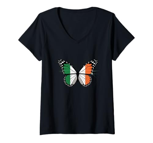 Damen I Love Ireland Schild Irischer Schmetterling geformt aus Irland Flagge T-Shirt mit V-Ausschnitt von Irish T Love Ireland Irish Butterfly Ireland Shirt