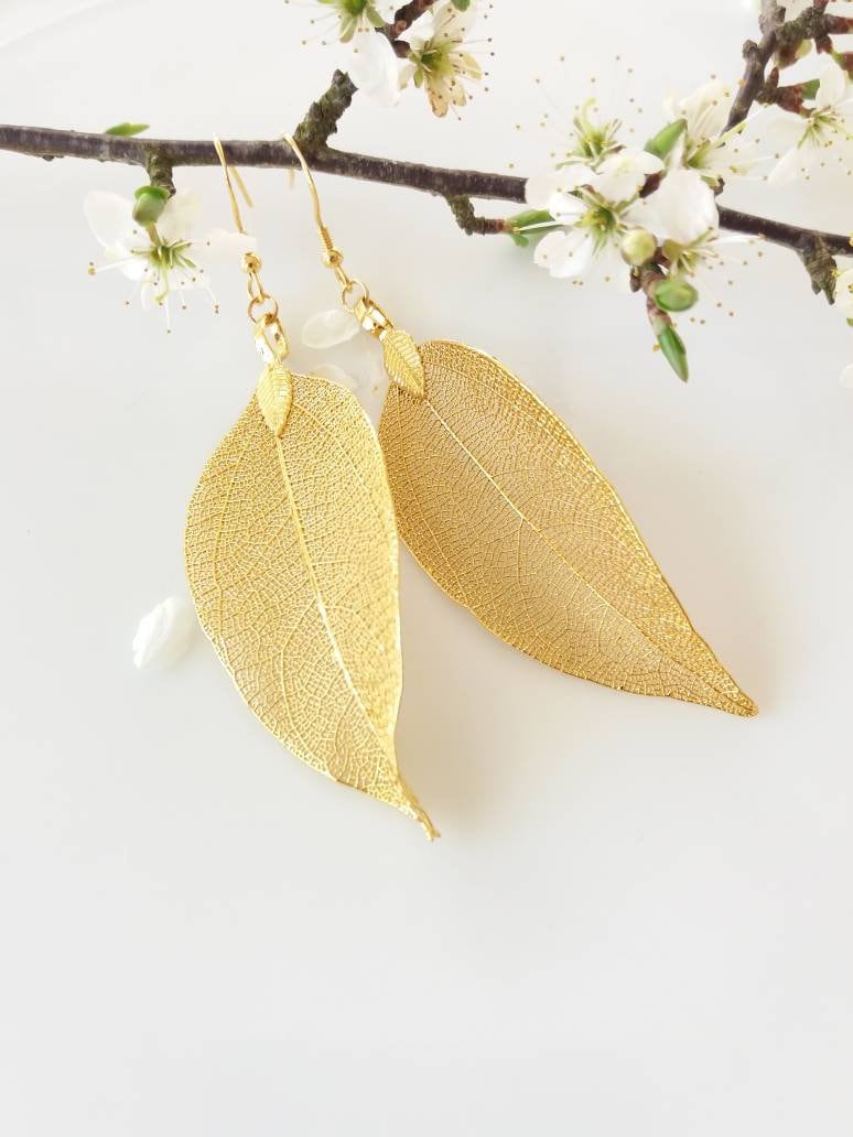 Echtes Blatt Ohrringe, 24K Gold Ohrringe Gold Getaucht Naturschmuck Waldschmuck Hochzeit Schmuck Geschenk Für Freundin von IrishMermaidJewelry