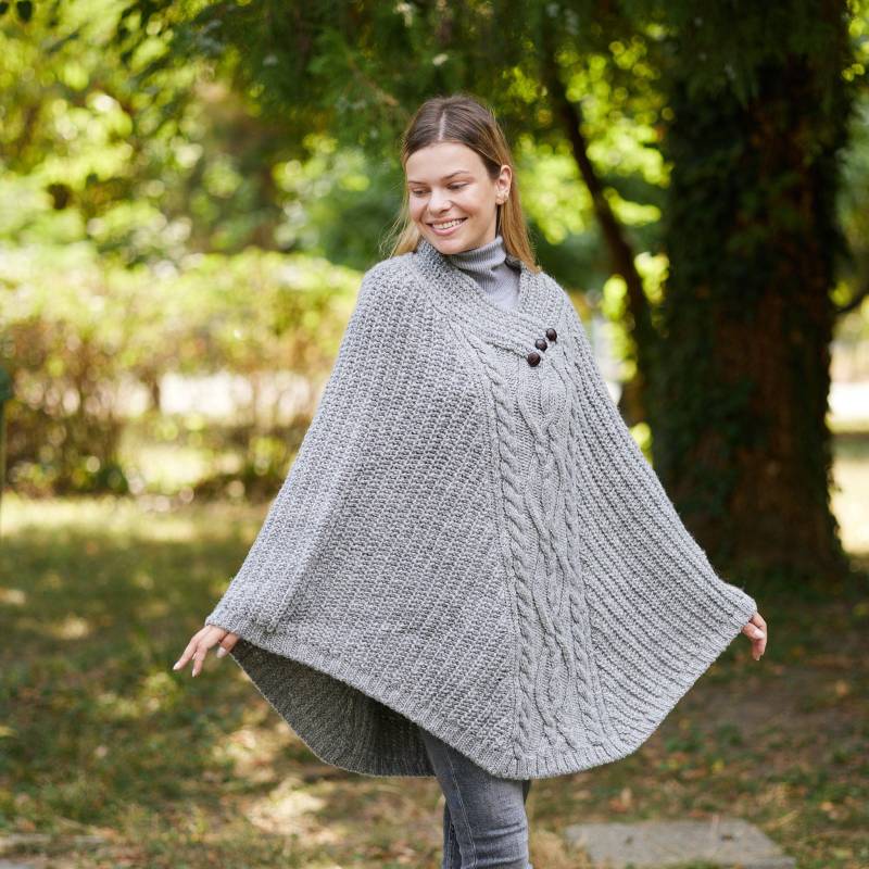 Irisch - Traditioneller Aran Poncho Aus Reiner Wolle Grau Meliert Irland Handgefertigt Damen Einheitsgröße von IrishTweedStore
