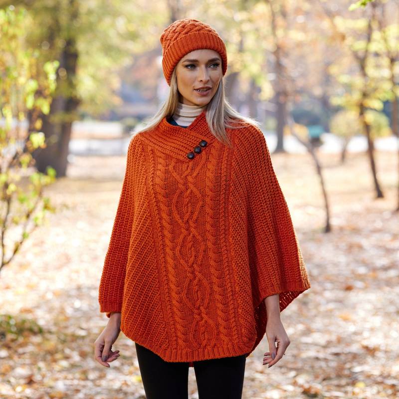 Irisch - Traditioneller Aran Poncho Aus Merino Wolle Burnt Orange Irland Handgefertigt Damen Einheitsgröße von IrishTweedStore