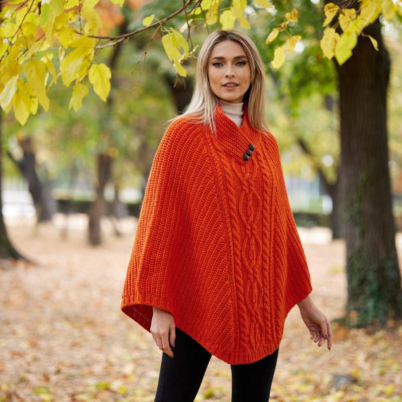 Irisch - Traditioneller Aran Poncho Aus Merino Wolle Irish Orange Irland Handarbeit Damen Einheitsgröße von IrishTweedStore
