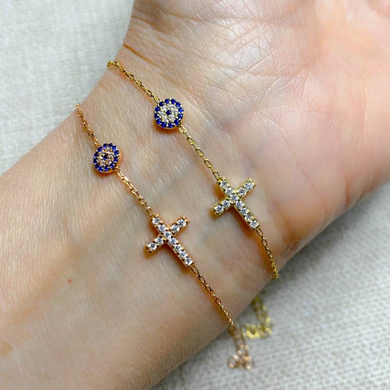 Evil Eye Cross Armband 925 Sterling Silber Saphir & Cz von Irisjewelerystudio