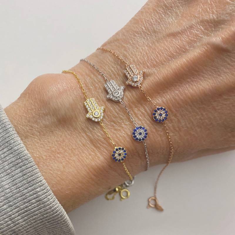Hamsa Evil Eye Zirkon Armband 925 Sterling Silber Rose Vergoldet von Irisjewelerystudio