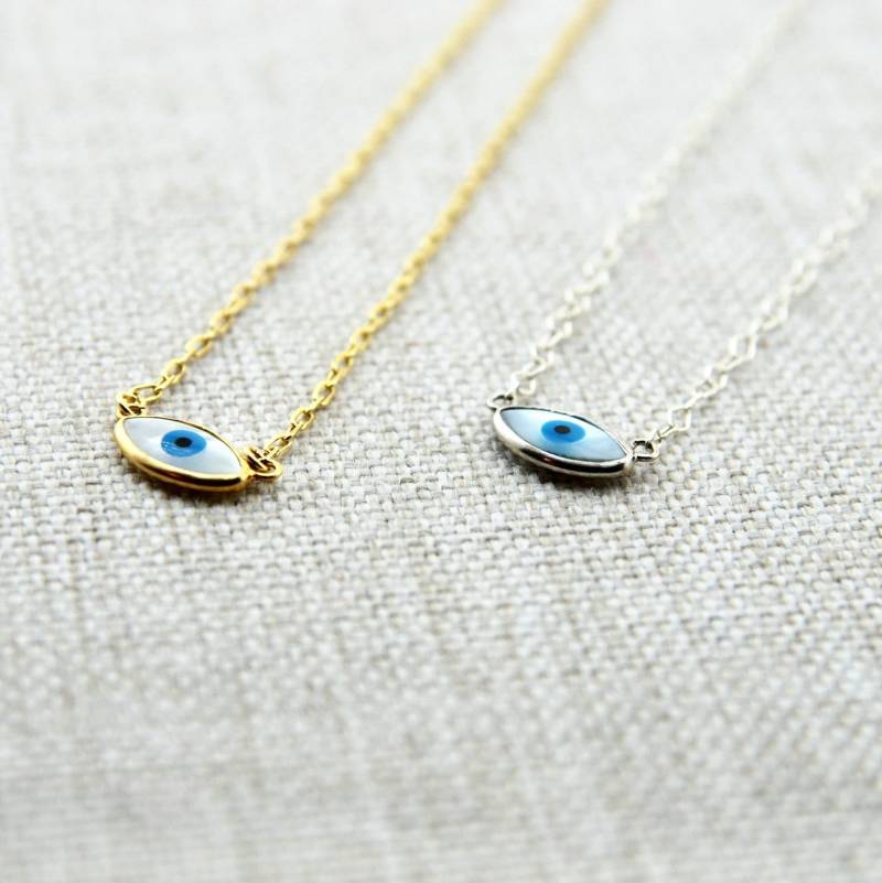 Perlmutt Evil Eye Halskette Zierlicher 925 Sterling Silber Anhänger von Irisjewelerystudio