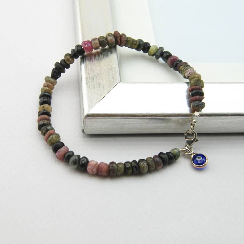 Turmalin Armband Sterling Silber Evil Eye Charm, Stapeln Edelstein Schmuck von Irisjewelerystudio
