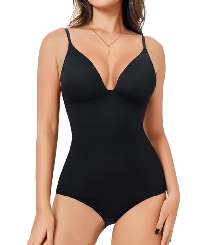 Irisnaya Damen-Bodys mit tiefem V-Ausschnitt und integriertem BH, ärmellos, doppelt gefüttert, Body, Schwarz, L von Irisnaya