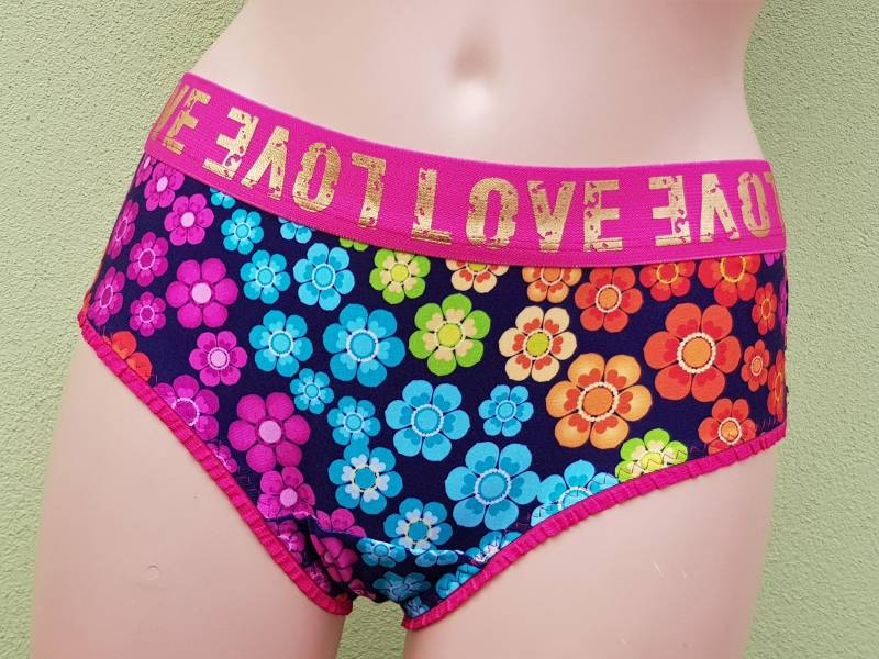 Bunter Blumen Slip Panty Unterhose Unterwäsche Für Damen in Gr.32-48 Bestellbar Blümchen Love Goldene Schrift Retro Bunter von Irmanaeht