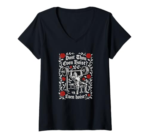 Damen Mittelalterlicher Ritter Bankdrücken Dost Thou Even Hoist T-Shirt mit V-Ausschnitt Damen Mittelalterlicher Ritter Bankdrücken Dost Thou Even Hoist T-Shirt mit V-Ausschnitt von Iron Age Strength Training Apparel