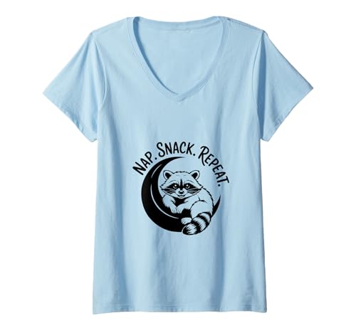 Damen Funny Trash Panda Humor Raccoon Nap Snack Repeat T-Shirt mit V-Ausschnitt von Iron Kor