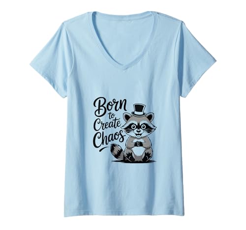 Damen Funny Trash Panda Raccoon Meme Born to Create Chaos T-Shirt mit V-Ausschnitt von Iron Kor