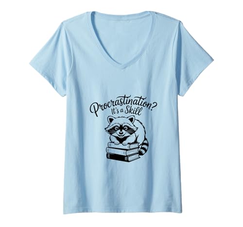 Damen Funny Trash Panda Raccoon Vibes Procrastination Skill T-Shirt mit V-Ausschnitt von Iron Kor