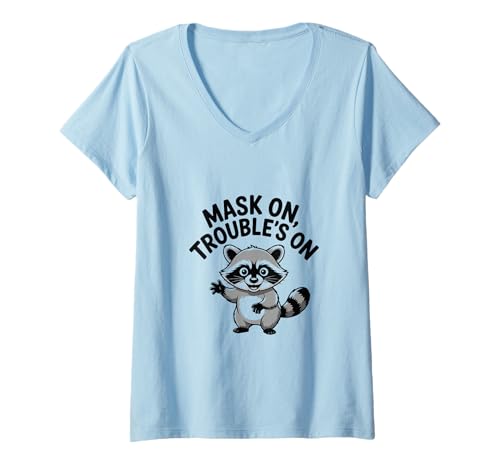 Damen Mask On Troubles on Funny Trash Panda Waschbär Meme T-Shirt mit V-Ausschnitt von Iron Kor