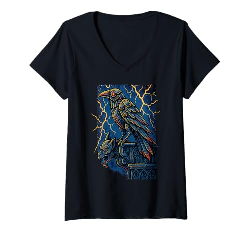 Damen Mechanische Krähe auf Wasserspeier mit Blitzhimmel T-Shirt mit V-Ausschnitt Damen Mechanische Krähe auf Wasserspeier mit Blitzhimmel T-Shirt mit V-Ausschnitt von Iron Raven Society