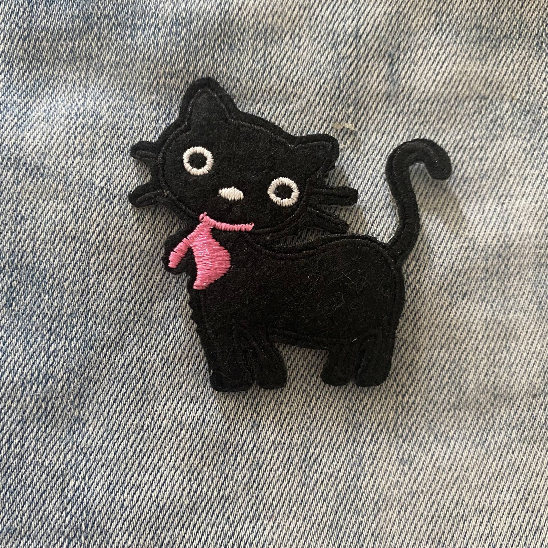 Schwarze Katze Mit Rosa Kragen Bügeleisen Aufnäher Für Denim Jacke Kitty Patch Festival Transfer Applikation Bestickter Schwarzes Kätzchen von IronOnPatchesQLD