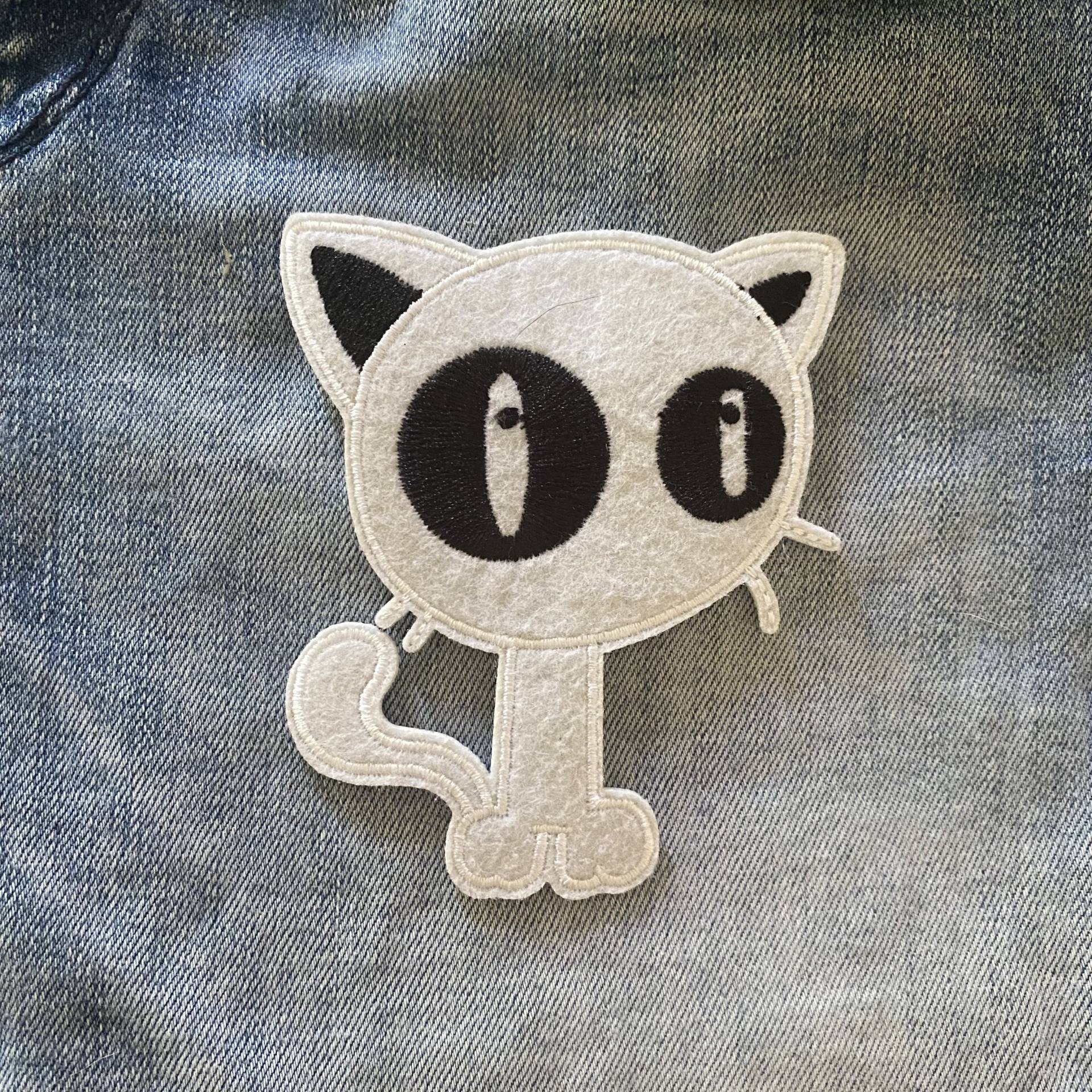 White Cartoon Big Eye Katze Bügelbild Für Denim Jacke Kitty Patch Festival Transfer Applikation Bestickter Aufnäher von IronOnPatchesQLD