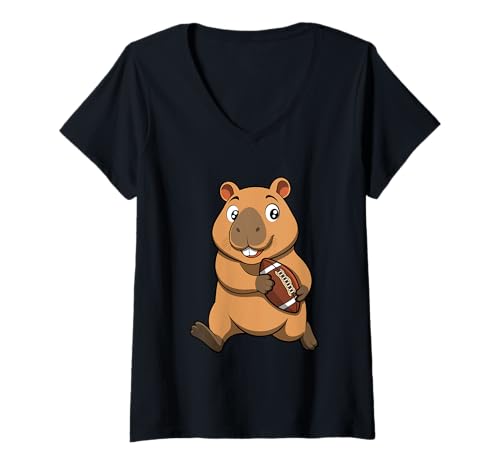 Damen American Football Capybara Cartoon Lustiger Wasserschweinesport T-Shirt mit V-Ausschnitt von Ironic Capybara Vibes and Gifts