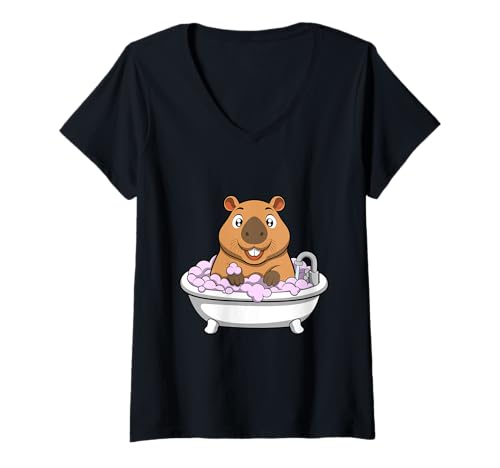 Damen Badende Capybara Cartoon süßes Wasserschwein im Badewannen-Design T-Shirt mit V-Ausschnitt von Ironic Capybara Vibes and Gifts