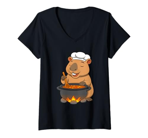 Damen Capybara Chef Cartoon Lustiges Kochen Wasser Schwein Design T-Shirt mit V-Ausschnitt von Ironic Capybara Vibes and Gifts