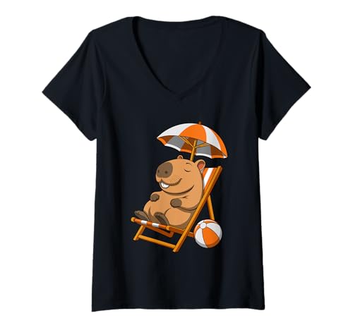 Damen Entspannendes Capybara-Cartoon-Design mit lustigem Wasserschweinchen-Strandstuhl T-Shirt mit V-Ausschnitt von Ironic Capybara Vibes and Gifts