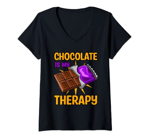 Damen Schokolade als Therapie Witziger Spruch Schokoladenkoch T-Shirt mit V-Ausschnitt von Ironische Zitate zum Kochen und Backen mit