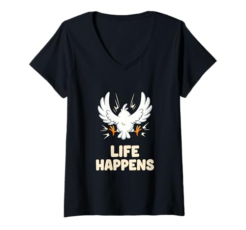 Damen Life Happens Pech Vogel Crash Wand Aufprall Alltag Spaß Fail T-Shirt mit V-Ausschnitt Damen Life Happens Pech Vogel Crash Wand Aufprall Alltag Spaß Fail T-Shirt mit V-Ausschnitt von Ironisches Statement Life Fails Sarkasmus Ironie