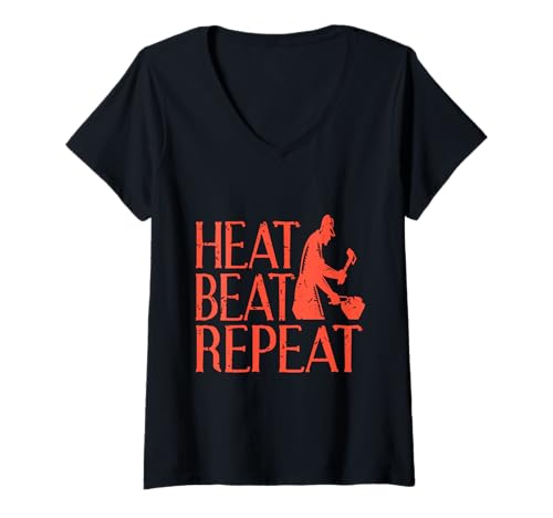 Damen Heat Beat Repeat Retro Vintage Iron Worker Designs Geschenk T-Shirt mit V-Ausschnitt Damen Heat Beat Repeat Retro Vintage Iron Worker Designs Geschenk T-Shirt mit V-Ausschnitt von Ironworker Blacksmith Designs Shirt Merch & Co.