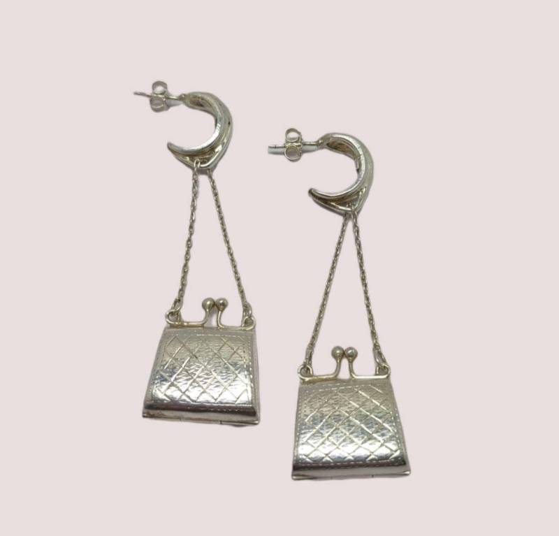 Vintage-Ohrringe in Form Einer Handtasche - Vintage-Silberohrringe von Iroquoise