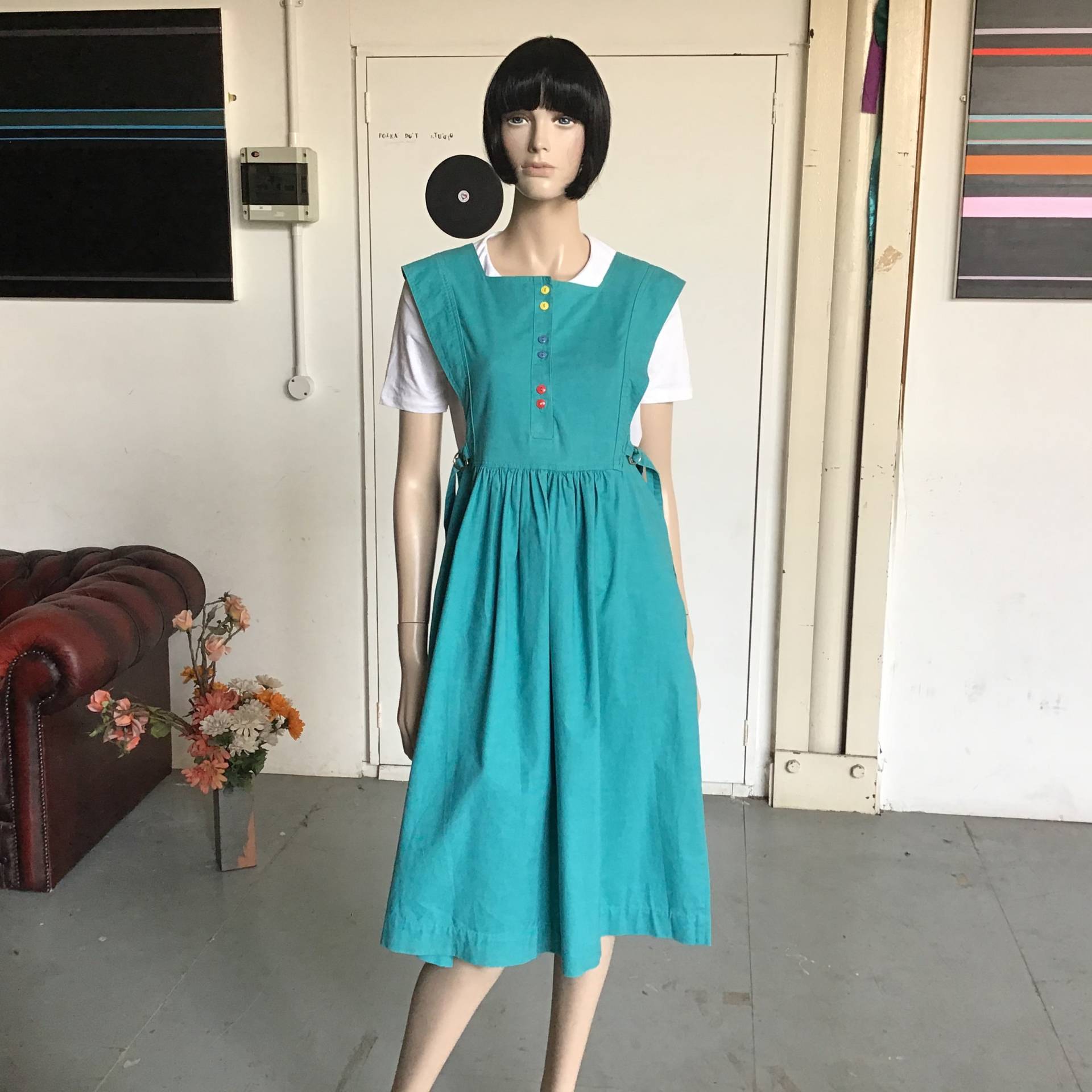 80Er Jahre - Pinafore Jade Baumwollkleid Prima Knöpfe Sommerkleid Uk12/14 von IrresistibleIrie