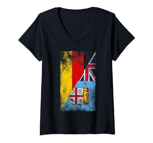 Damen Deutschland Fidschi-Flaggen - Deutsch Fidschi T-Shirt mit V-Ausschnitt von Irreverent Tees