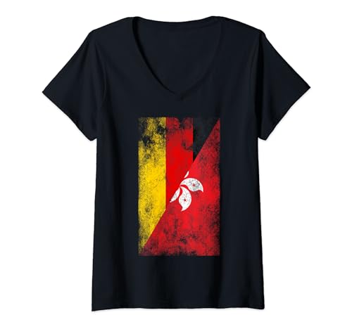 Damen Deutschland Hongkong Flaggen - Deutscher Hongkonger T-Shirt mit V-Ausschnitt von Irreverent Tees