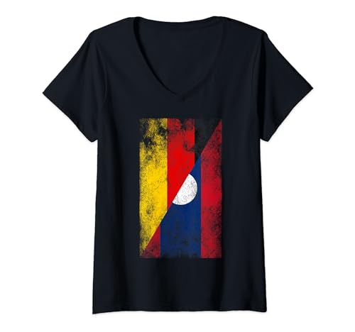 Damen Deutschland Laos Flaggen - Deutsch Laotisch T-Shirt mit V-Ausschnitt von Irreverent Tees