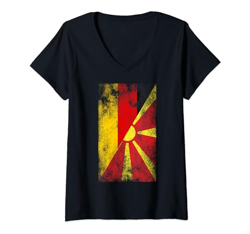 Damen Deutschland Nordmazedonien Flaggen - Deutsch Mazedonisch T-Shirt mit V-Ausschnitt von Irreverent Tees