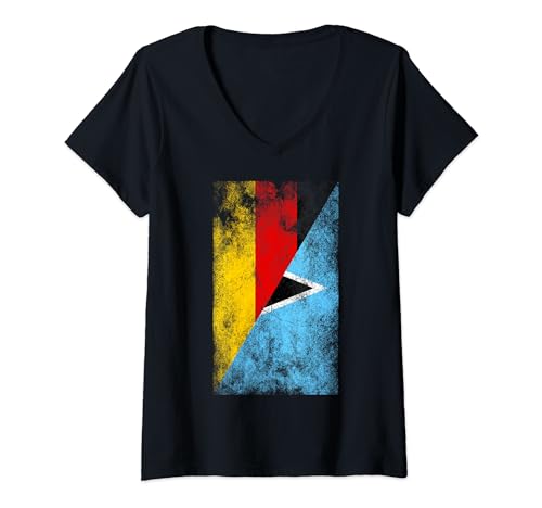 Damen Deutschland St. Lucia Flaggen - Deutsche St. Lucian T-Shirt mit V-Ausschnitt von Irreverent Tees
