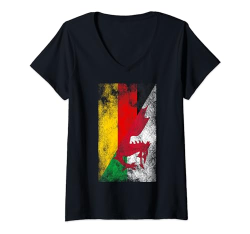 Damen Deutschland Wales Flaggen - Deutsch Walisisch T-Shirt mit V-Ausschnitt von Irreverent Tees