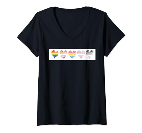 Damen Gay Pride Month Handgezeichnete Herzen T-Shirt mit V-Ausschnitt von Irreverent Tees