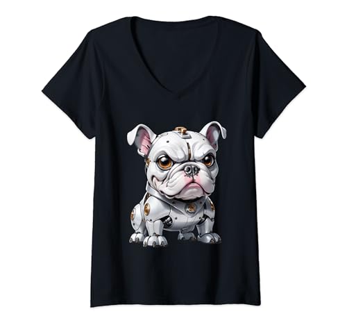 Damen Robobulldog - Niedliche Roboter-Bulldogge T-Shirt mit V-Ausschnitt von Irreverent Tees