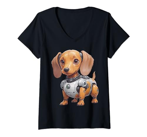 Damen Robodachshund - Niedlicher Roboterdackel, Robo Wiener Hund T-Shirt mit V-Ausschnitt von Irreverent Tees