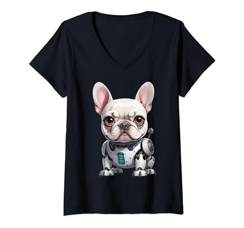 Damen Robofrenchie - Cute Robot Frenchie, Robo Französische Bulldogge T-Shirt mit V-Ausschnitt von Irreverent Tees