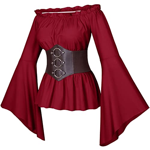 Damen Renaissance Viktorianische Bauern Rüschen gesmokte Taille Boho Pirat Hemd Bluse mit Gürtel Set, Rot/Ausflug, einfarbig (Getaway Solids), Klein von Irtysh