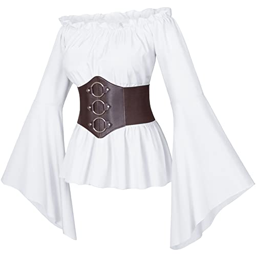 Damen Renaissance viktorianischer Bauern-Rüschen-Boho-Piraten-Shirt mit Gürtel-Set, Weiss/opulenter Garten, Groß von Irtysh