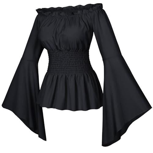 Irtysh Damen Renaissance Viktorianischer Bauer Rüschen gesmokte Taille Boho Pirat Hemd Bluse Cosplay Kostüm, Schwarz, Groß von Irtysh