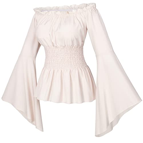 Irtysh Damen Renaissance viktorianischer Bauer Rüschen gesmokte Taille Boho Pirat Hemd Bluse Cosplay Kostüm, Beige, Small von Irtysh