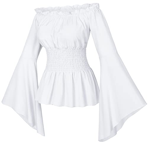 Irtysh Damen Renaissance viktorianischer Bauer Rüschen gesmokte Taille Boho Pirat Hemd Bluse Cosplay Kostüm, Weiss/opulenter Garten, Large von Irtysh