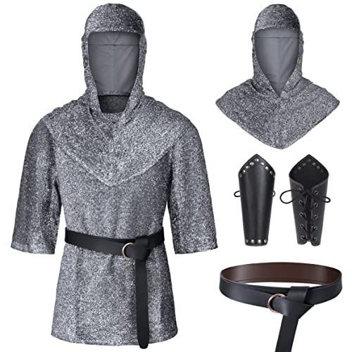 Irtysh Renaissance Kunstkette Mail Rüstung Tunika Hemd Coif Mittelalter Ritter Cowl Kreuzritter Kostüm Outfit Hosenträger Taillengürtel Set, Silbergrau, Large von Irtysh