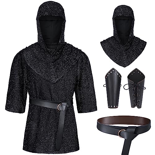 Renaissance Kunstkette Mail Rüstung Tunika Hemd Coif Mittelalter Ritter Cowl Crusader Kostüm Outfit Hosenträger Taillengürtel Set, Schwarz, X-Large von Irtysh
