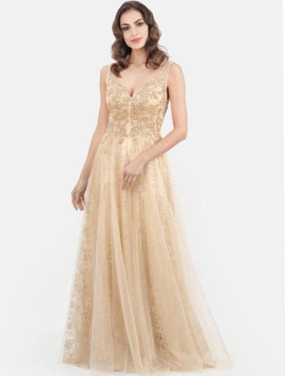 Perlen Mieder Abendkleid Dolores - Elegantes Goldkleid Mit Stickerei Und Pailletten von Irvalda