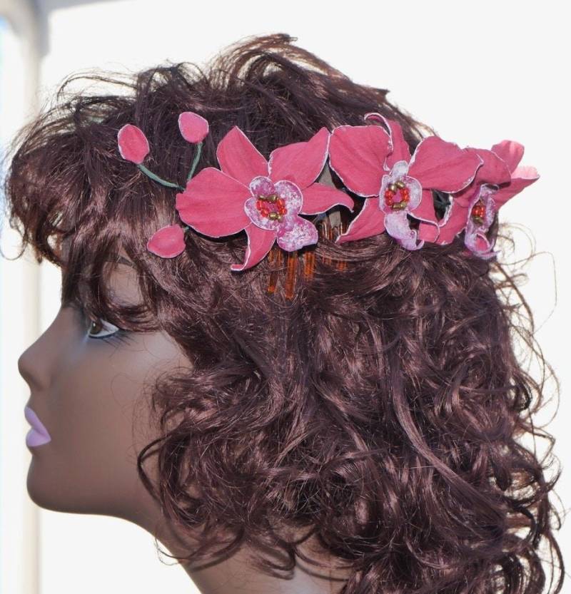 Rosa Orchidee Kamm Für Haar Leder Handwerk Handarbeit Muttertag 3. Jahrestag Blumen Geschenk Frau Orchideen Haarspange Haarkamm von IrynasArt
