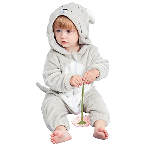 Irypulse Baby Spielanzug Flanell 12-18M Tier Strampler Winter Overall mit Kapuze Warm Jumpsuit Junge und Mädchen Süß Pyjama (Grau-90) von Irypulse