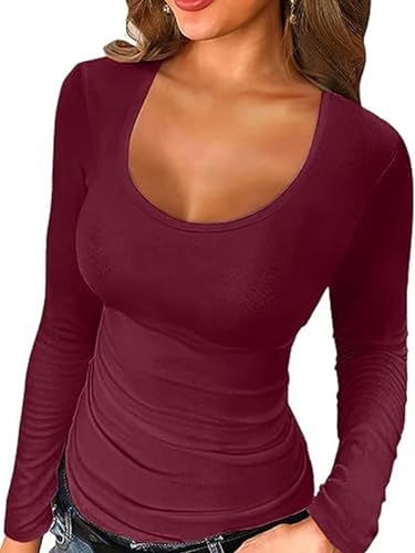 Irypulse Damen Langarmshirt V-Ausschnitt Sexy Casual Langarm Tops Slim Fit Pullover Basic Sanft Frühling Herbst(04-Burgunderrot-M) von Irypulse