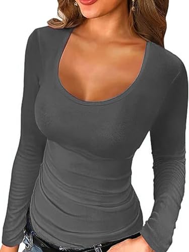 Irypulse Damen Langarmshirt V-Ausschnitt Sexy Casual Langarm Tops Slim Fit Pullover Basic Sanft Frühling Herbst(04-Dunkelgrau-XL) von Irypulse